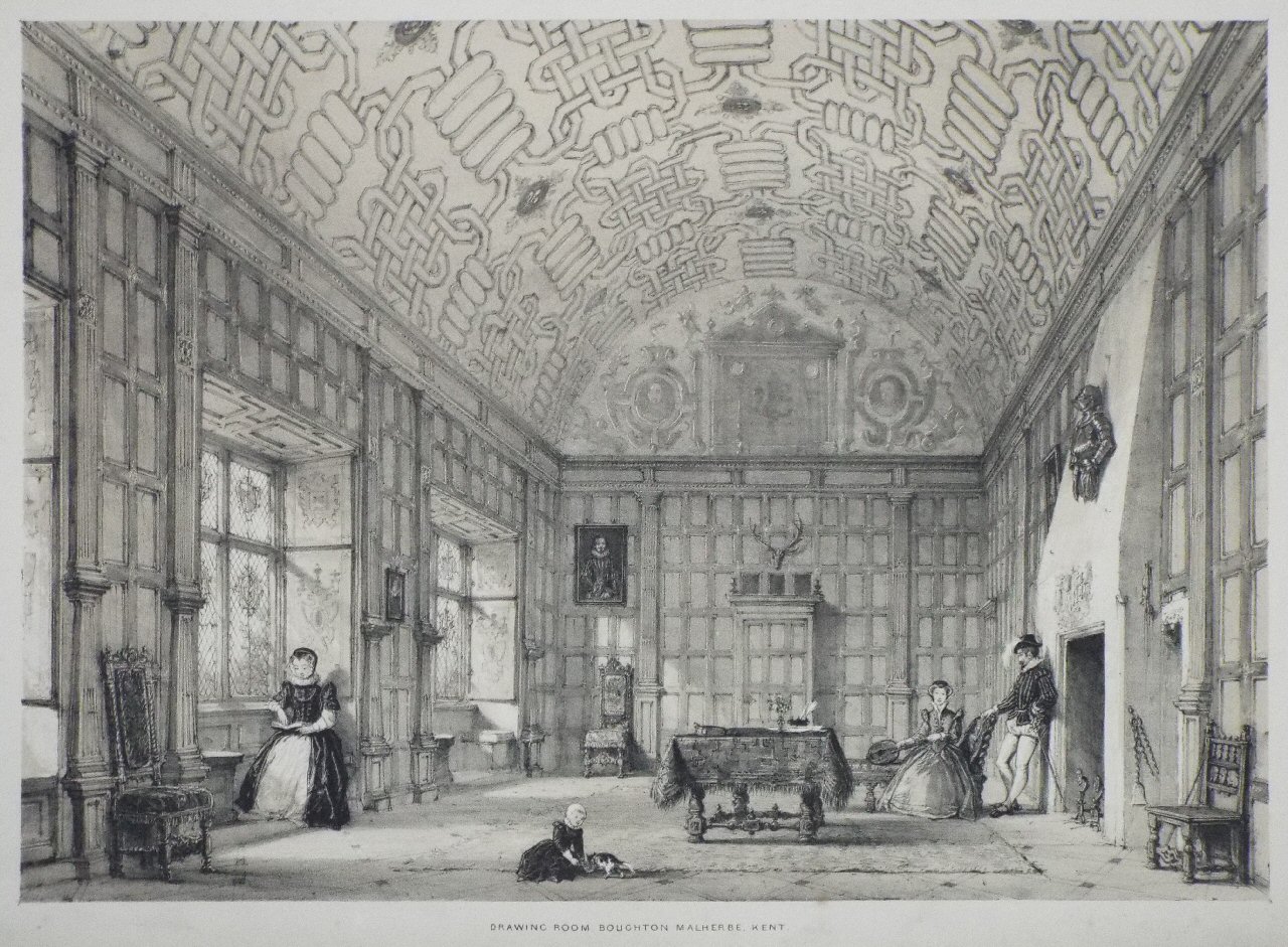 Lithograph - Drawing Room, Boughton Malherbe, Kent - Nash